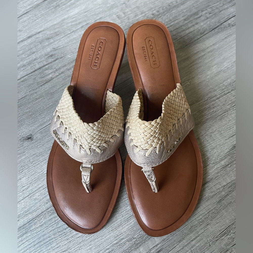 Coach Tan/ metallic and Cream Woven Leather Sandals